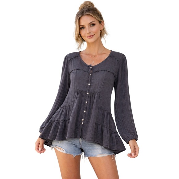Free People Tops - Free People Black Gray Gauze Tiered Boho Peasant Tunic Top Small Fairy Grunge